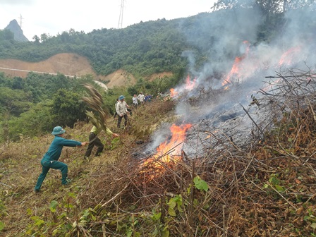 Các lực lượng tham gia thực binh chữa cháy rừng ở bản Muông xã Mường Cang