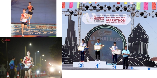 Vận động viên Tòng Văn Hoàn (BIB Y6548) trên đường chạy, cán đích và nhận Huy chương Vàng nội dung 10 km hệ nam trẻ