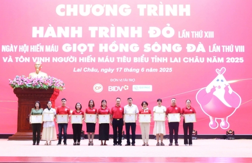 : Đồng chí Bùi Việt Cường - Chủ tịch Hội Chữ thập đỏ, Phó trưởng Ban Thường trực Ban Chỉ đạo vận động HMTN tỉnh trao Bằng khen cho các cá nhân