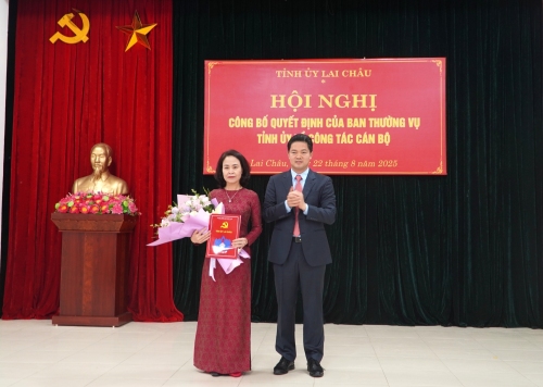 Đồng chí Vũ Mạnh Hà - Ủy viên dự khuyết Trung ương Đảng, Phó Bí thư Thường trực Tỉnh ủy trao quyết định cho đồng chí Đào Bích Vân