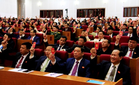 Các đại biểu dự Đại hội biểu quyết thông qua Nghị quyết Đại hội Đảng bộ tỉnh lần thứ XIV, nhiệm kỳ 2020 - 2025