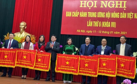 Đồng chí Mùa A Trừ - Chủ tịch HND tỉnh (Đứng thứ 2 bên phải) nhận Cờ dẫn đầu phong trào thi đua năm 2020 của Trung ương Hội Nông dân Việt Nam