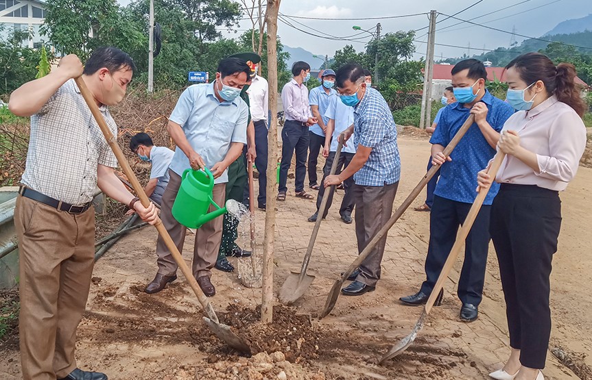 Các đồng chí lãnh đạo Huyện ủy, HĐND, UBND huyện trồng cây xanh tại đường Thanh Niên, thị trấn Tam Đường