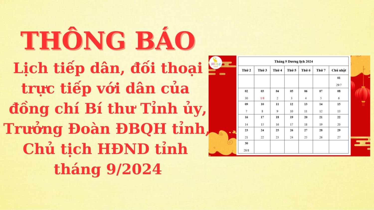 Thông báo Lịch tiếp dân, đối thoại trực tiếp với dân của đồng chí Bí thư Tỉnh uỷ, Trưởng đoàn ĐBQH tỉnh, Chủ tịch HĐND tỉnh tháng 9/2024