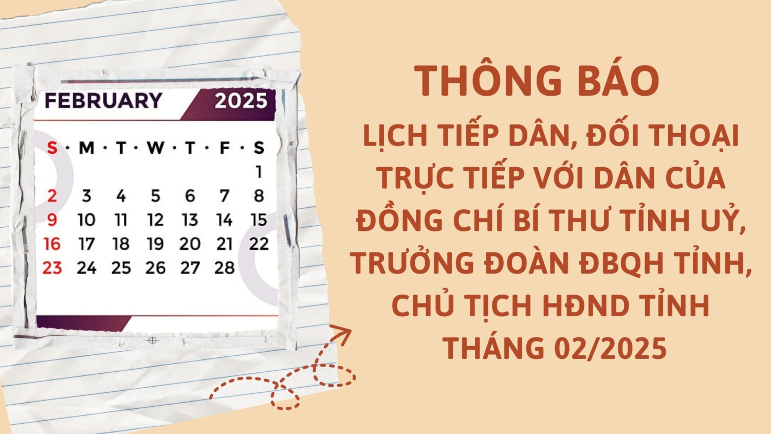 Thông báo Lịch tiếp dân, đối thoại trực tiếp với dân của đồng chí Bí thư Tỉnh uỷ, Trưởng Đoàn ĐBQH tỉnh, Chủ tịch HĐND tỉnh tháng 02/2025