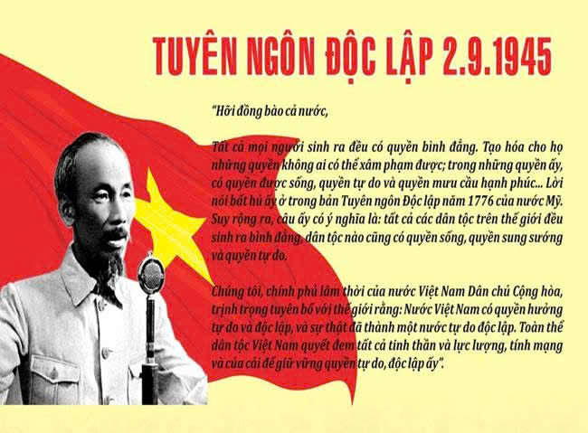 Bản Tuyên ngôn độc lập của Chủ tịch Hồ Chí Minh khai sinh ra nước Việt Nam Dân chủ cộng hoà nay là nước Cộng hoà xã hội chủ nghĩa Việt Nam