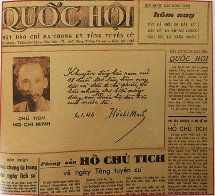 Báo Quốc hội, số đặc biệt ngày 6-1-1946 đã trân trọng in ở trang đầu ảnh Chủ tịch Hồ Chí Minh và cả bút tích lời kêu gọi của Người  (Ảnh tư liệu)